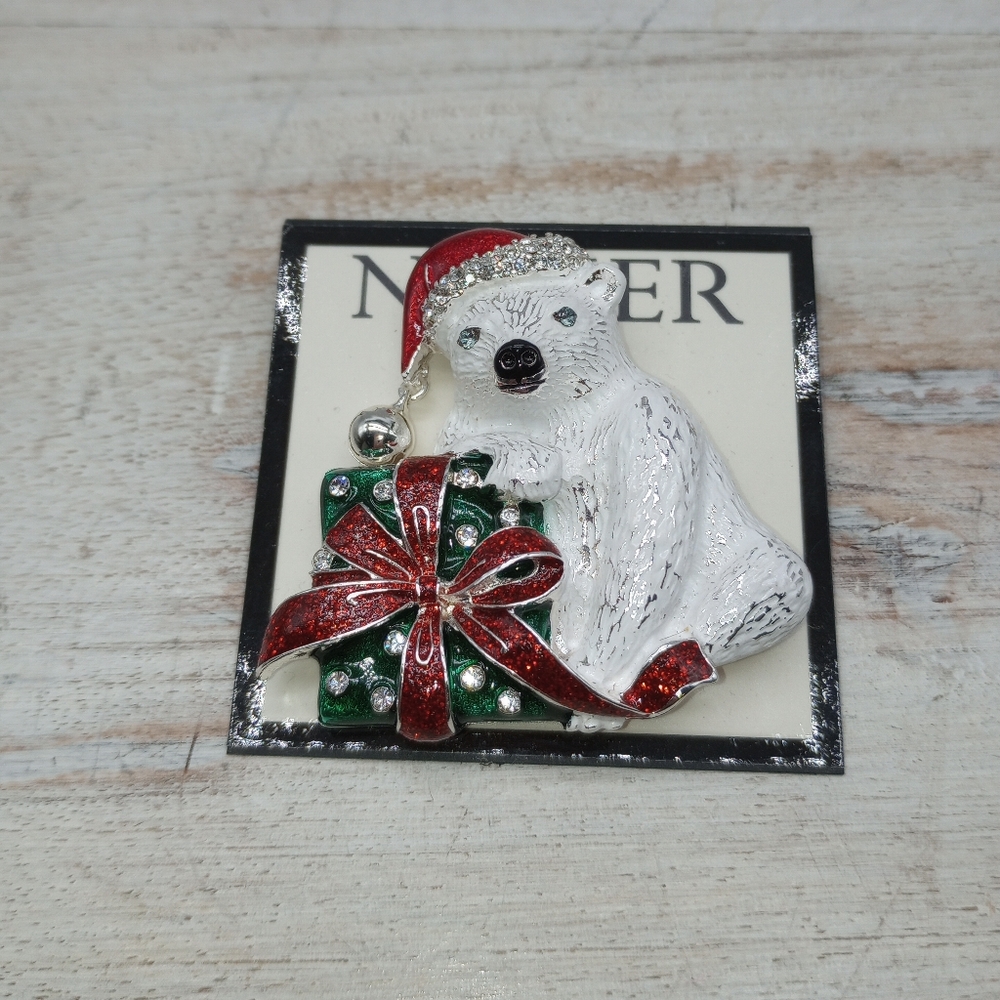 Napier Christmas Polar Bear With Gift Pin